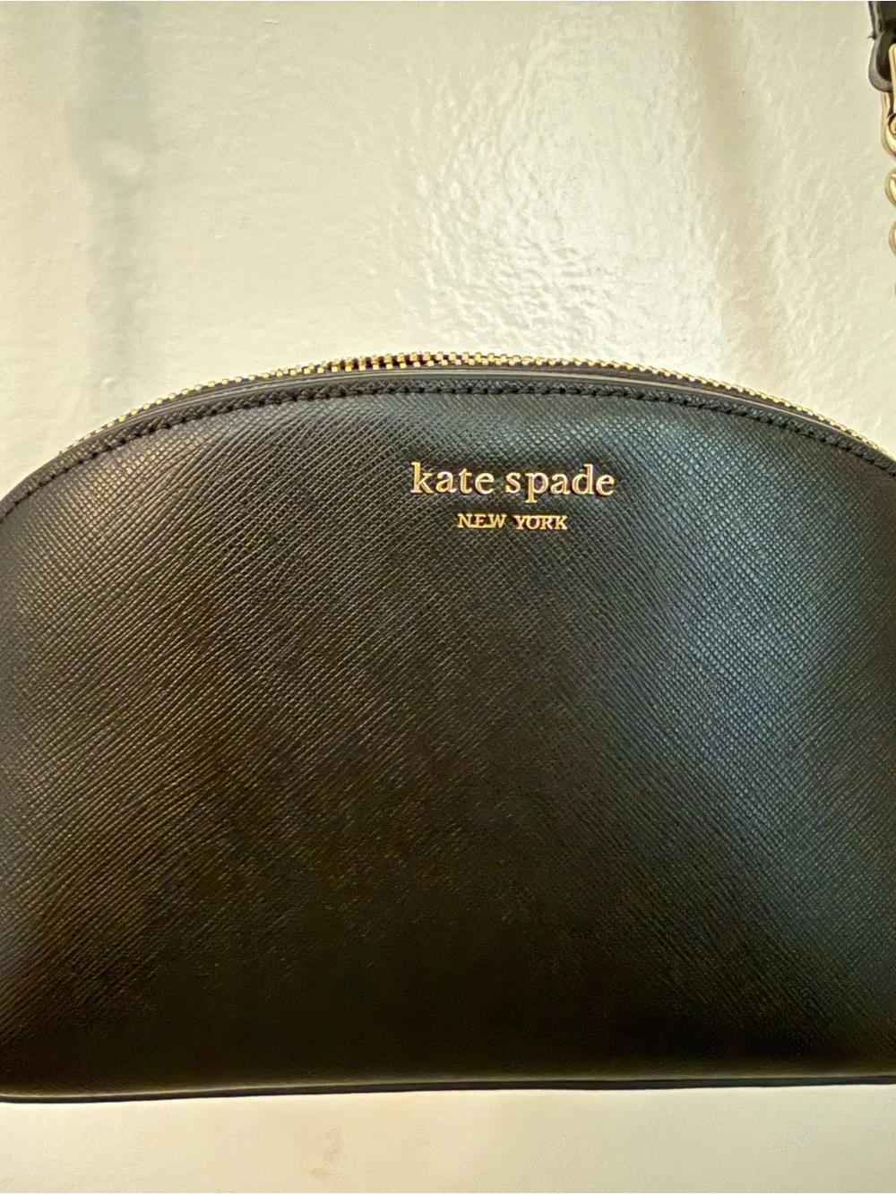 kate spade black saffiano crossbody with gold chain
